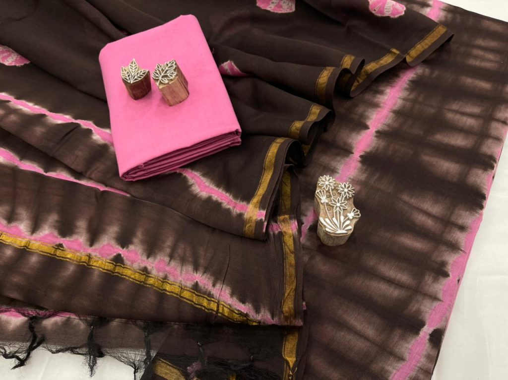 Brown pink shibori print chanderi suit