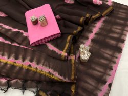 Brown pink shibori print chanderi suit