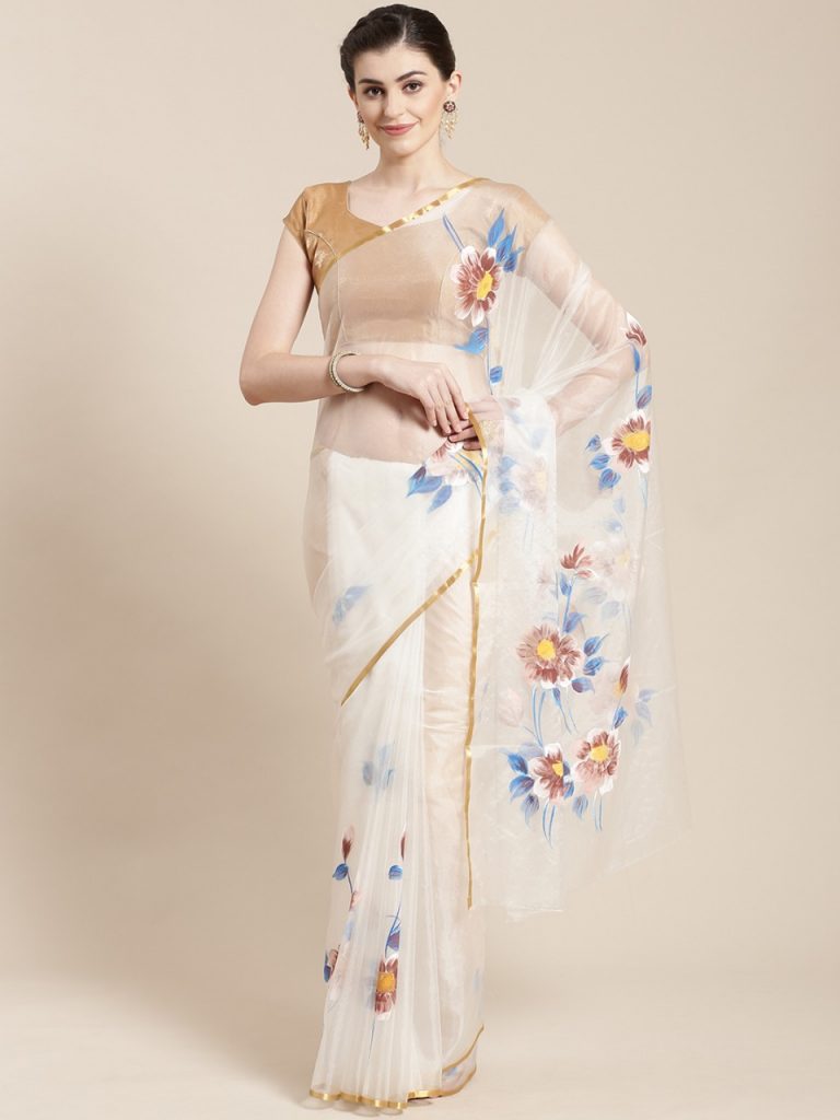 Off White hand printed organza saree with blouse