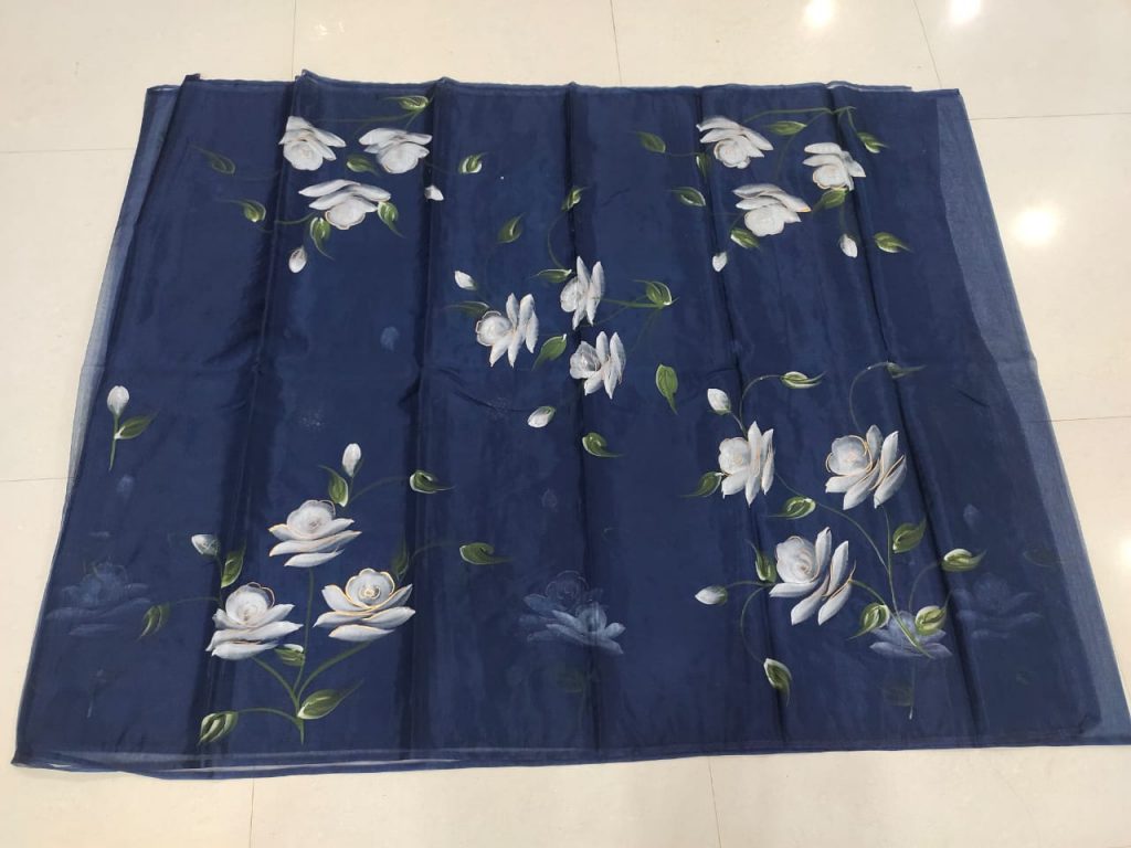 Prussian blue organza saree with blouse