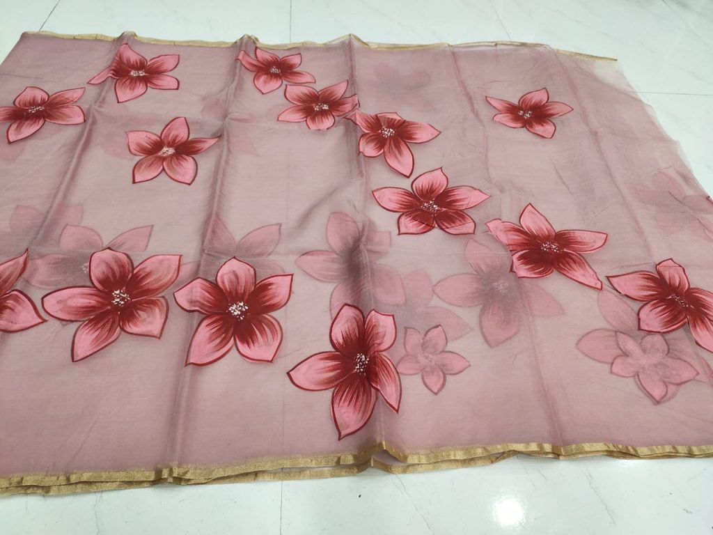Puce pink floral hand painting organza saree.jpeg