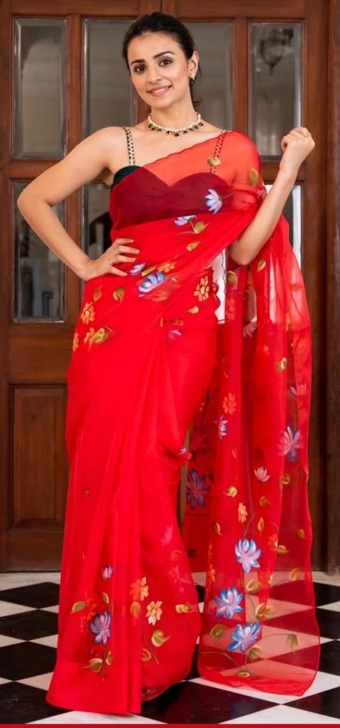 Red organza saree with blouse