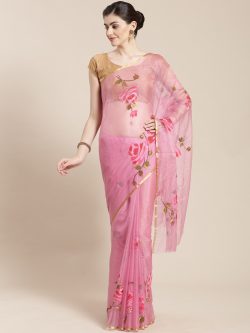 rose pink organza saree with blouse