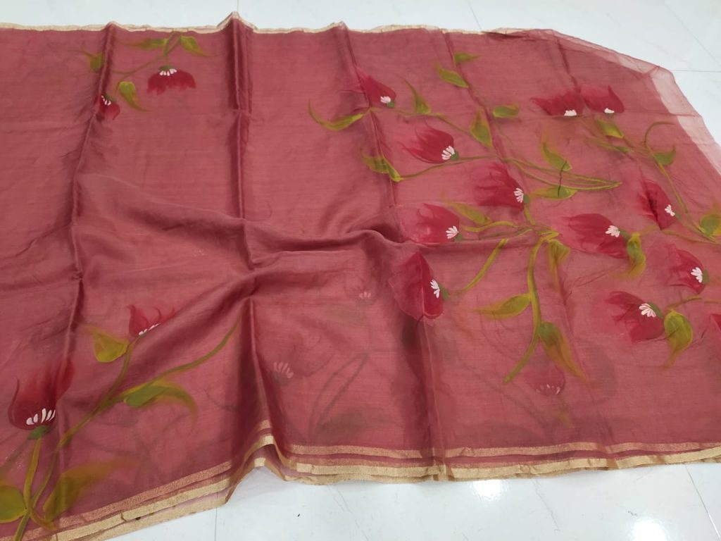 sangria red floral hand painted organza saree with blouse.jpeg