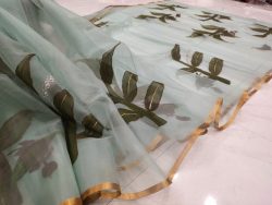 Silver blue hand painted organza saree with blouse