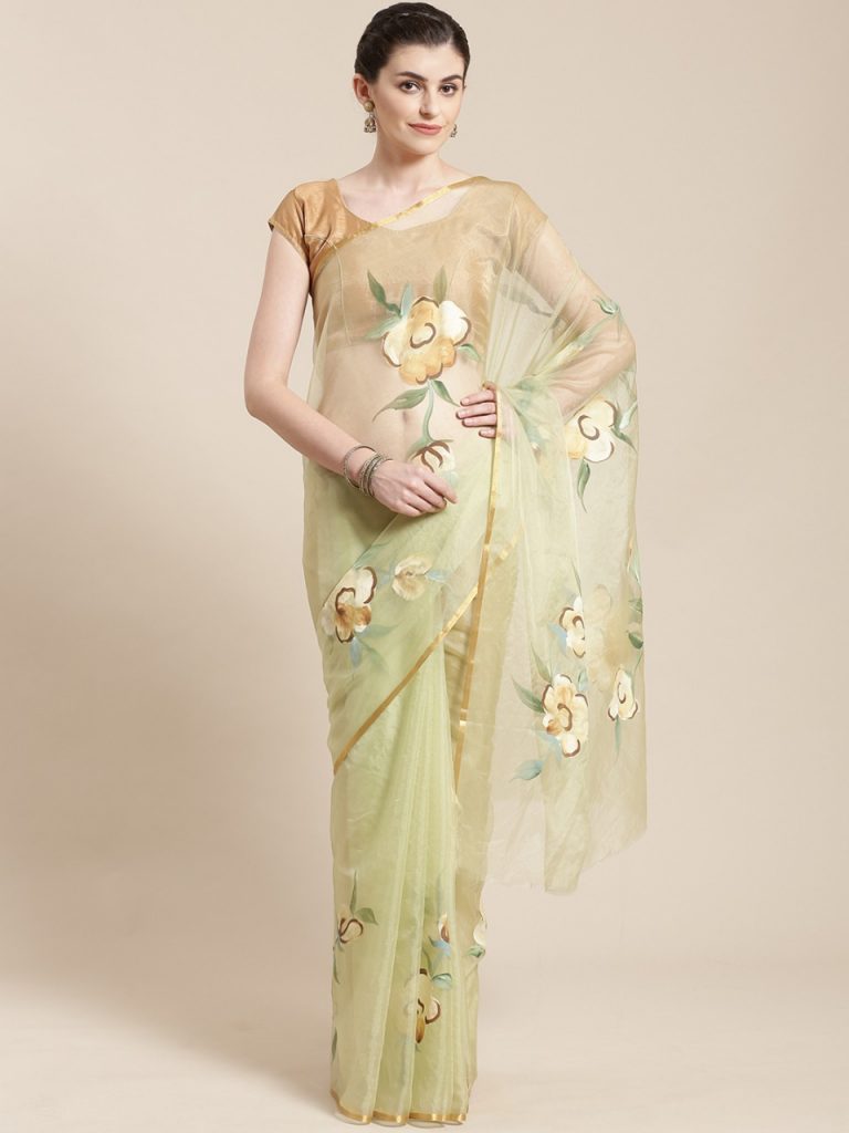 lite green hand painted organza saree with blouse