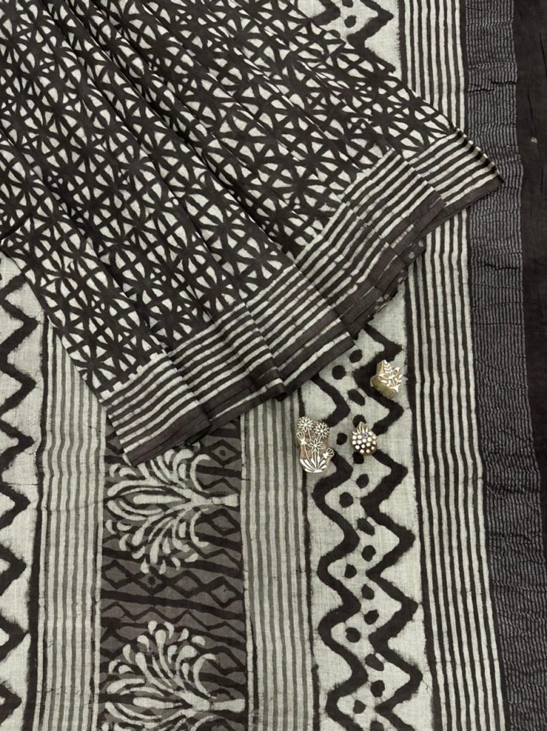 Dabu print taupe traditional linen saree