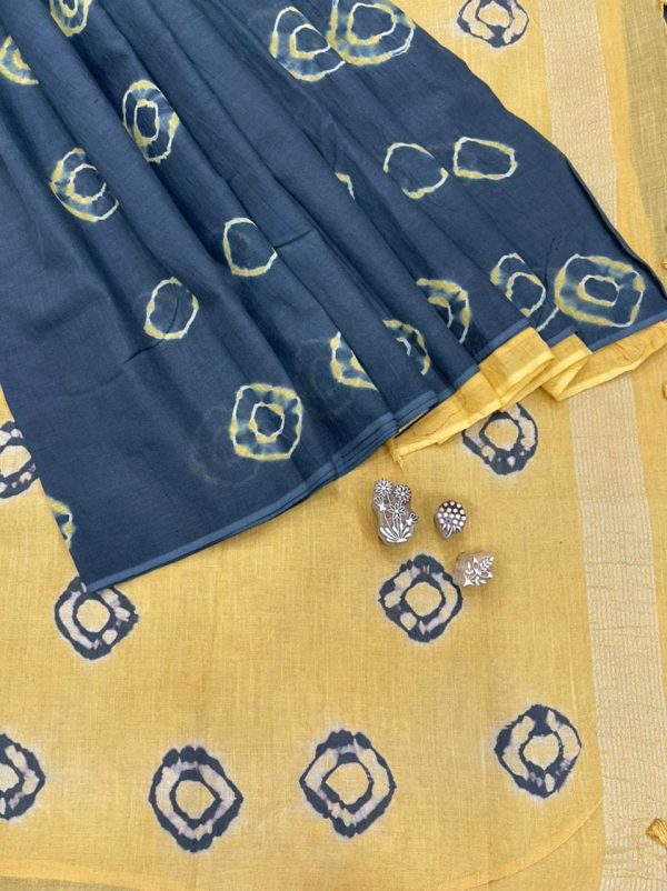 Prussian blue and bronze yellow linen saree