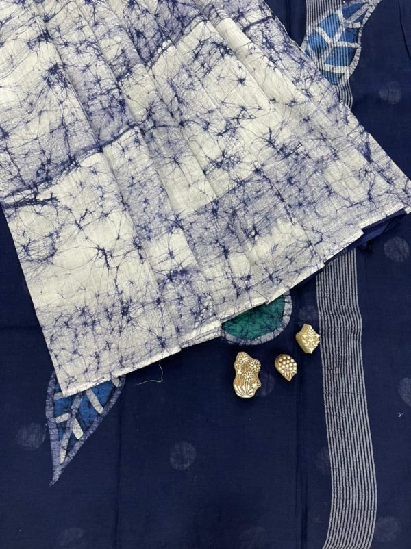 Indigo batik printed linen saree