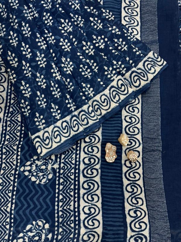 Indigo printed linen saree