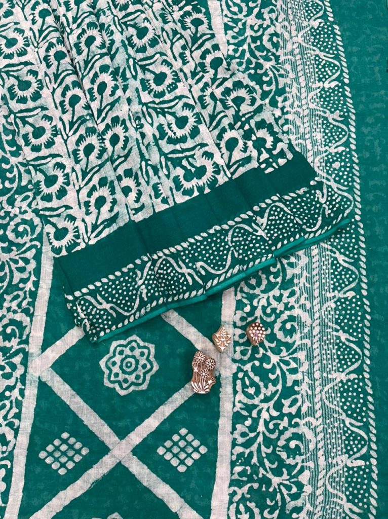 Jungle green printed linen saree