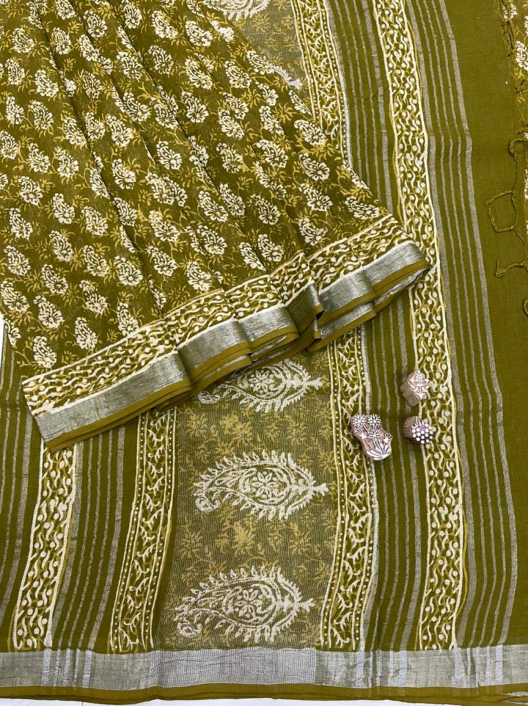 Olive traditional linen saree