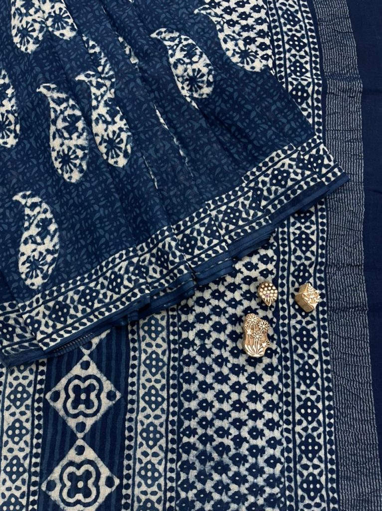 Prussian blue traditional linen saree