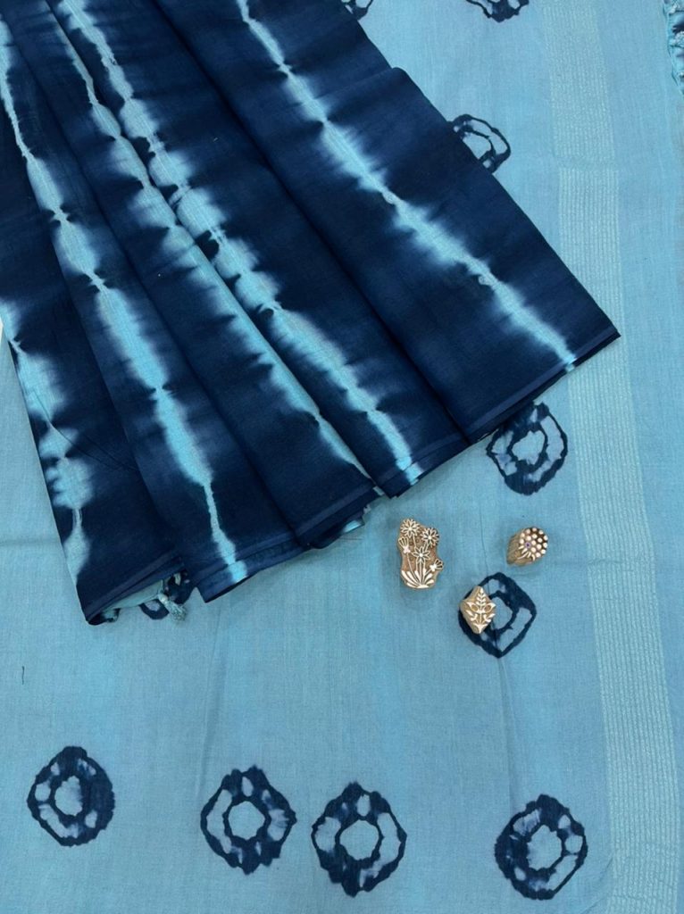 Sky blue shibori printed linen saree