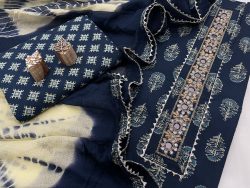 Blue gota embroided cotton suit with chiffon dupatta