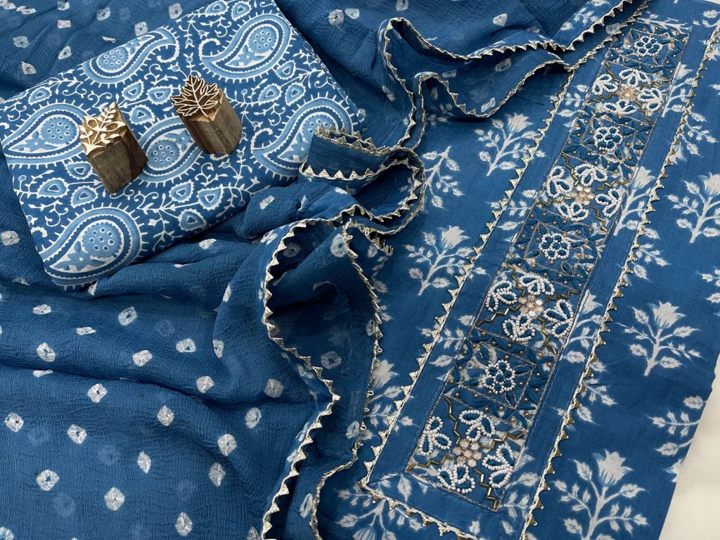 Cobalt blue gota embroided cotton suit with chiffon dupatta