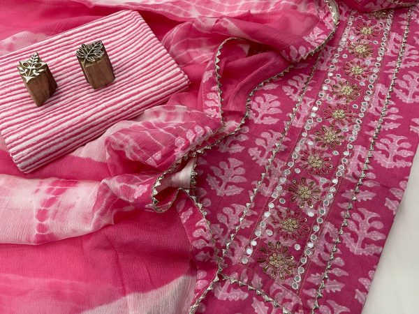 Pink gota embroided cotton suit with chiffon dupatta