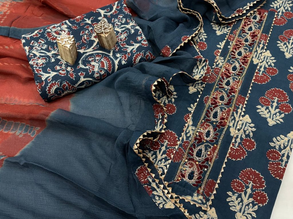 Prussian blue gota embroided cotton suit with chiffon dupatta
