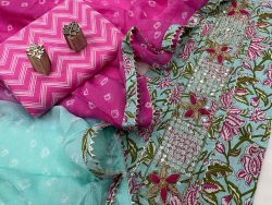 Sky blue and pink gota embroided cotton suit with chiffon dupatta