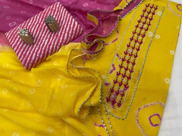 Yellow gota embroided cotton suit with chiffon dupatta