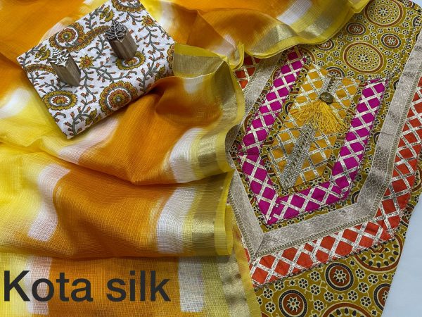 Yellow and orange embroidery salwar suit with kota silk dupatta