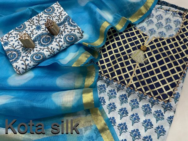 Sky blue and white gota work suit with kota silk dupatta