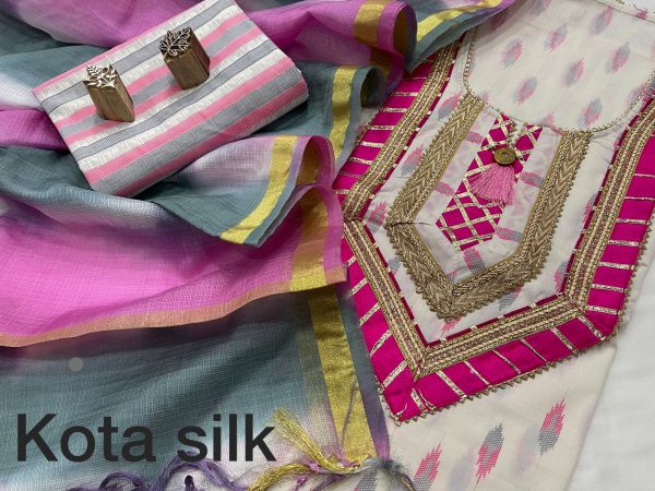 Cream and pink gota embroidery salwar suit with kota silk dupatta