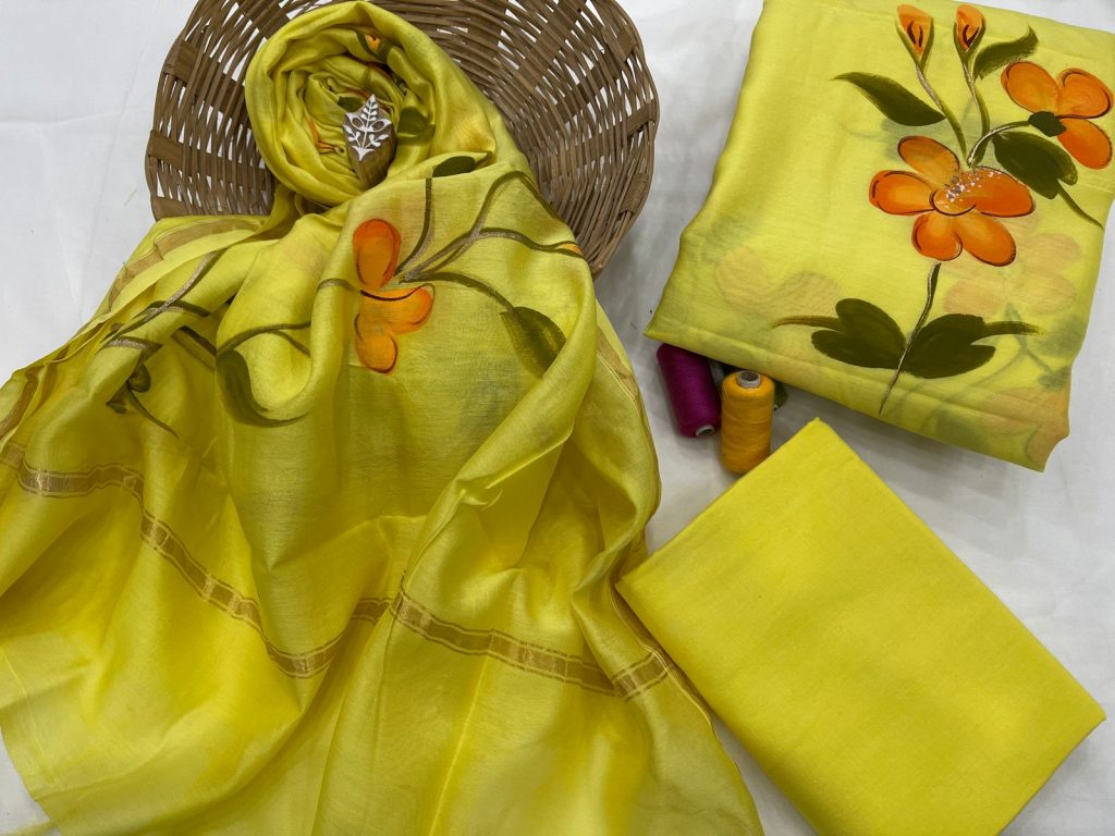 Yellow mugal printed chanderi salwar suit