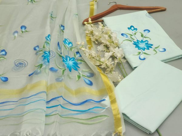 Lite aqua mugal print cotton suit with organza dupatta