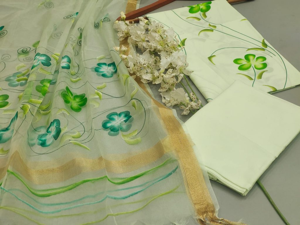 Lite green mugal print cotton suit with organza dupatta