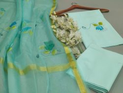 Aquamarine cotton suit with organza dupatta