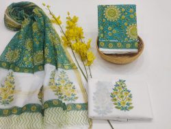 Teal and white cotton suit with maheshwari dupatta