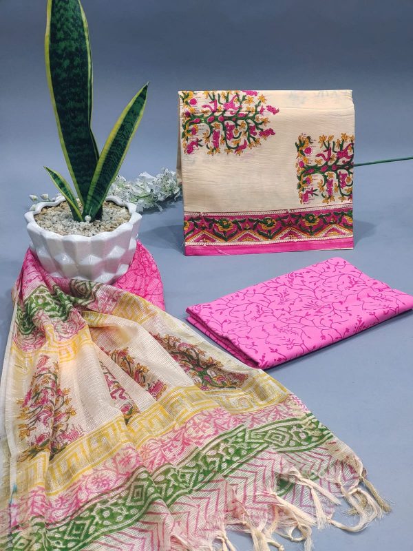 Pink and Apricot mugal print cotton suit with kota silk dupatta