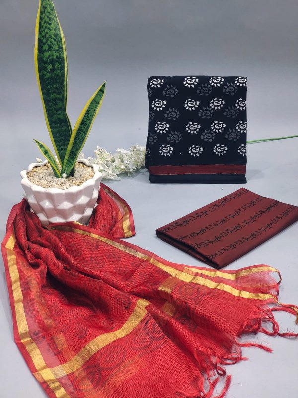 Red and black block print cotton suit with kota silk dupatta