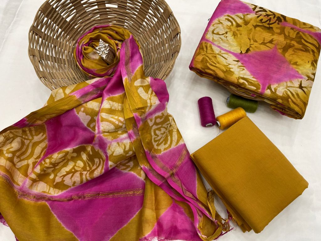 Copper and plum batik print chanderi suit with chanderi dupatta