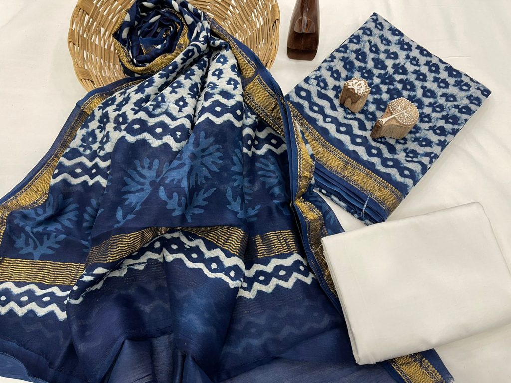 Indigo dabu printed maheshwari silk suit with maheshwari dupatta