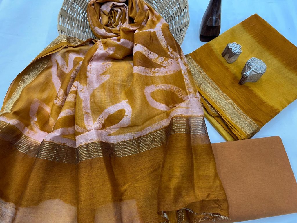 Brown batik printed maheshwari silk suit with maheshwari dupatta