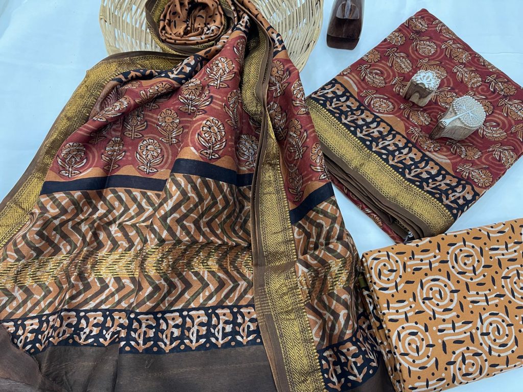 Carmine brown maheshwari silk suit with maheshwari dupatta