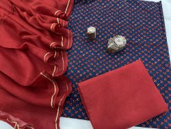 Brick red and Navy blue cotton suit with zari border pure chiffon dupatta
