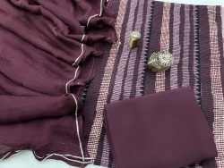 Byzantium purple cotton suit with zari border pure chiffon dupatta