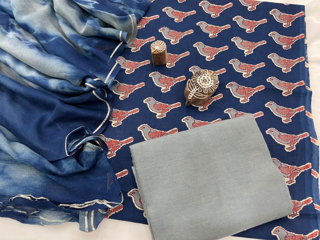 Indigo blue and gray bird print cotton suit with zari border pure chiffon dupatta