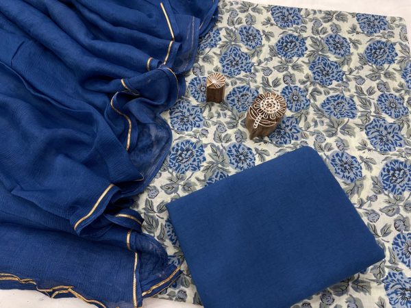 Indigo blue and white printed cotton suit with zari border pure chiffon dupatta