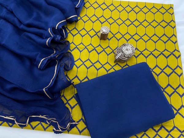 Navy blue and yellow printed cotton suit with zari border pure chiffon dupatta