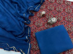 Persian blue and carmine printed cotton suit with zari border pure chiffon dupatta