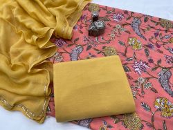 Pink and bronze floral cotton suit with zari border pure chiffon dupatta