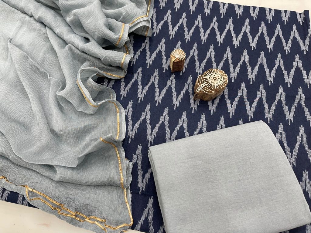 Prussian blue and silver cotton suit with zari border pure chiffon dupatta