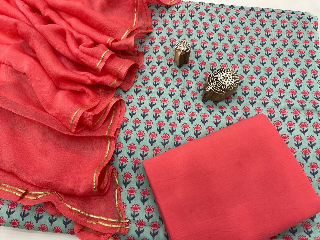 Ruby pink and sky blue cotton suit with zari border pure chiffon dupatta