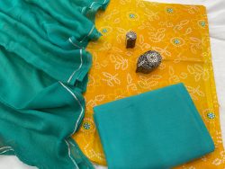 Yellow and Teal green cotton suit with zari border pure chiffon dupatta