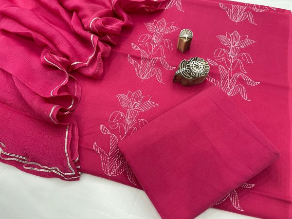 Amaranth pink  cotton suit with zari border pure chiffon dupatta