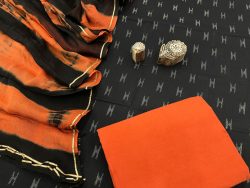 Black and orange cotton suit with zari border pure chiffon dupatta